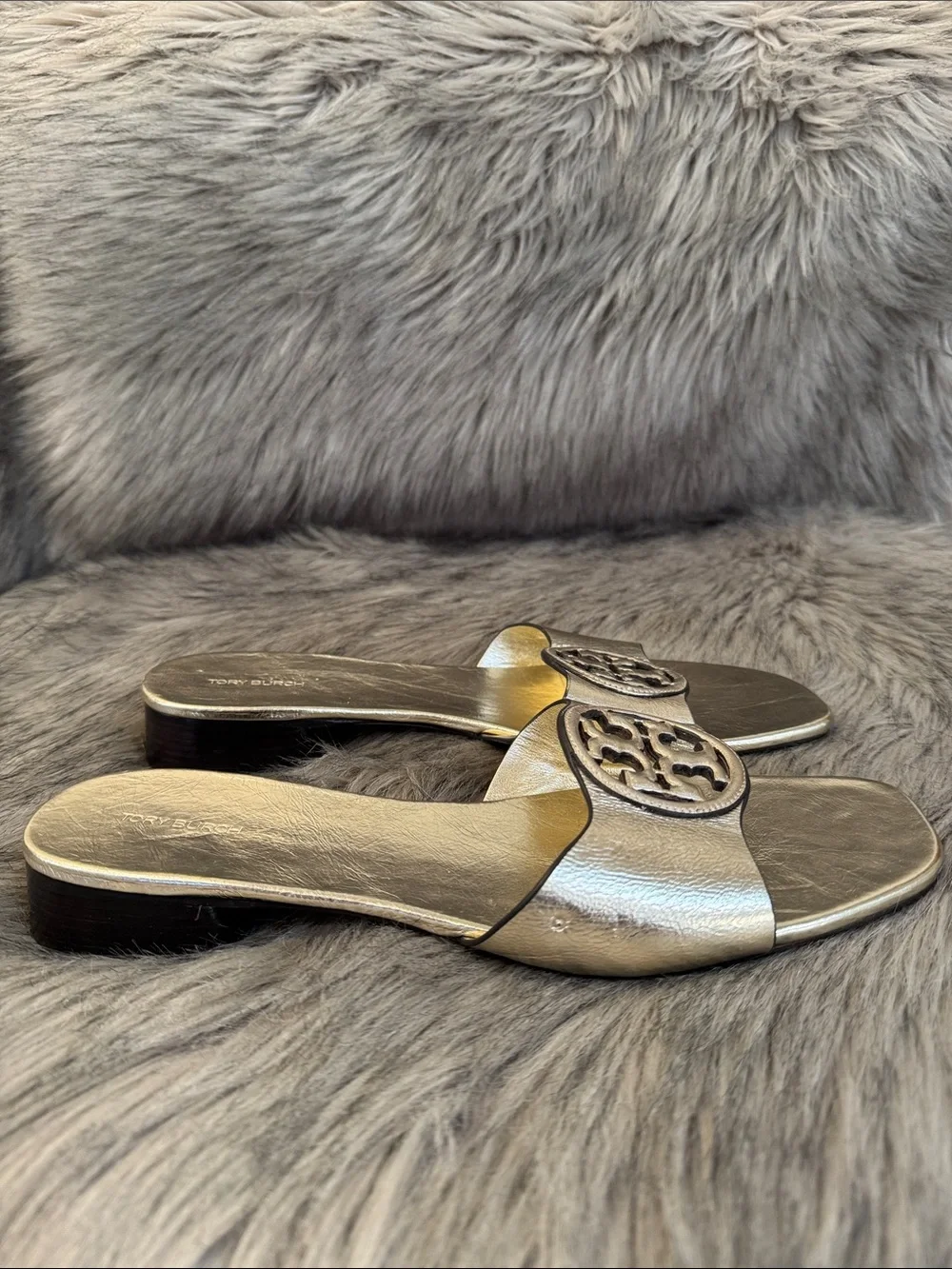 Tory Burch Metallic Gold Logo Slide Sandals Size 12